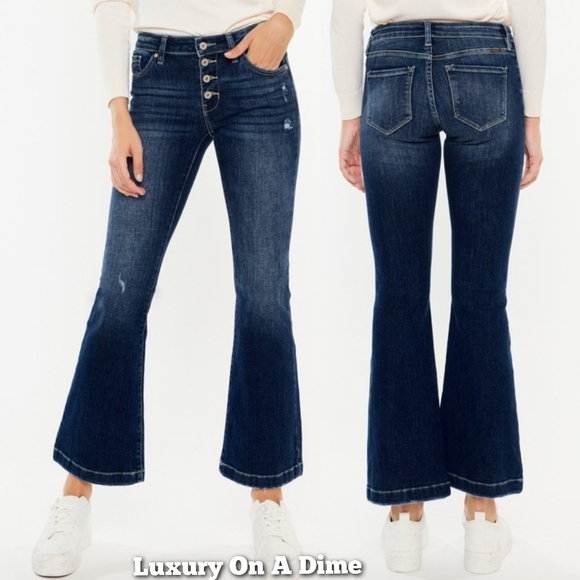 KanCan Mid-Rise Jeans Slim Fit Tapered Flare Button Fly Distressed Denim Pants - Picture 1 of 13